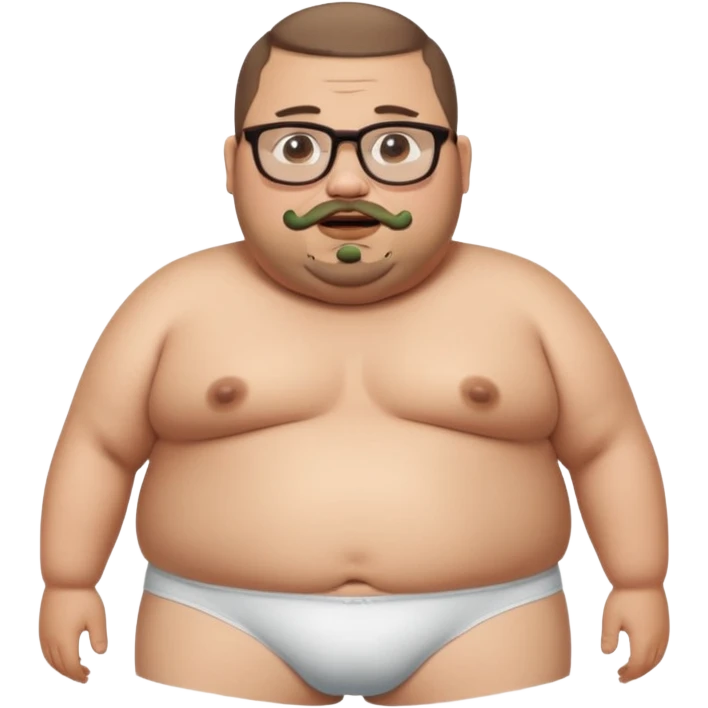 A full body standing, morbidly obese, fat, shirtless mexican guy in his white underwear , with a short buzzcut, a beard, and glasses thats drooling stupidly emoji