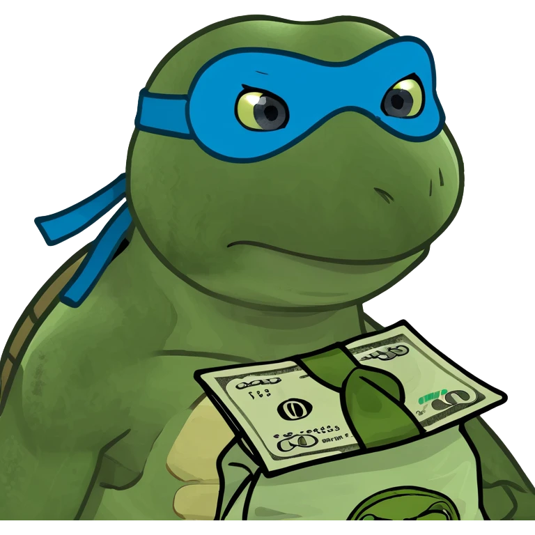 ninja turtle wearing blue eye mask with money bag emoji