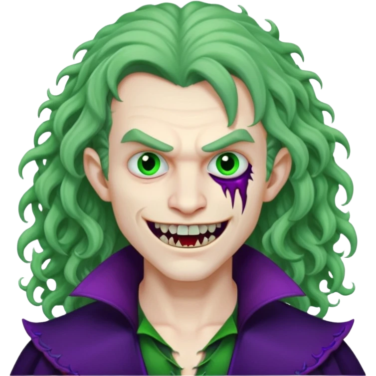 Vampire, long curly hair, male, fanged teeth, stitches with one side of face green and the other side purple, emoji