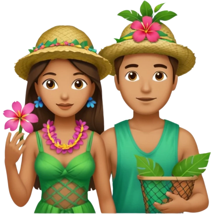 Hawaiian woman man with leaf hat and big trash net and colorful cloth emoji