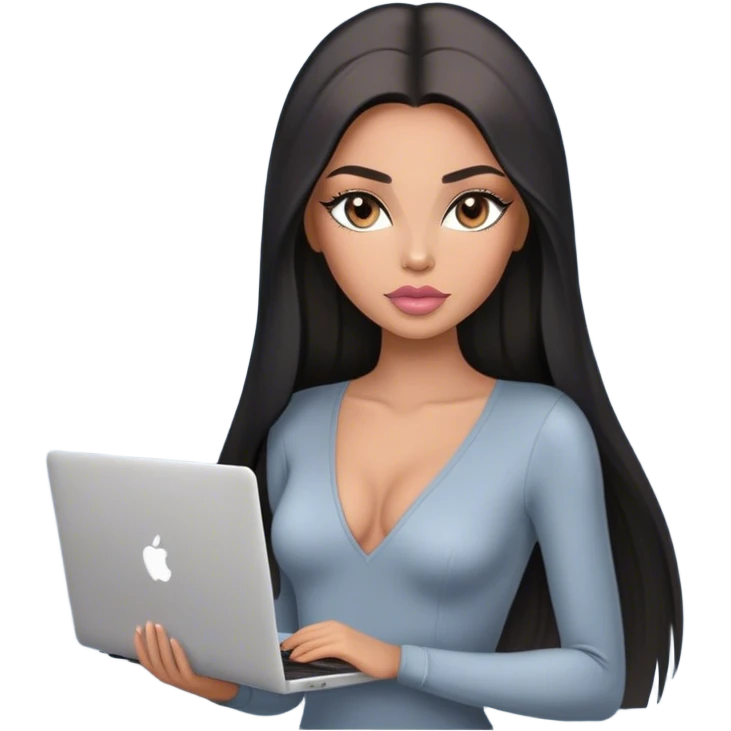 Glamours, tanned, very beautiful girl, with big pump peach-beige-rose lips, long lashes, black straight smooth silky long hair, straight parting hair, blue-grey eyes, in light-grey v-neck bodysuit holding MacBook emoji
