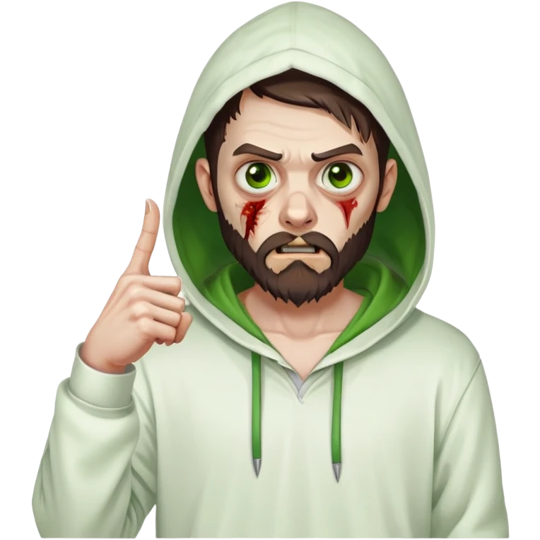 zombie pointing finger, undercut hairstyle with dark brown hair, short full beard, heterochromia with one green eye and one brown eye, wearing plain white hoodie with hood up emoji