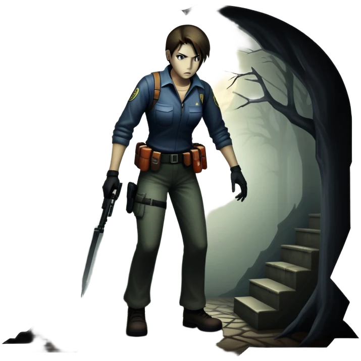 An icon featuring a dark, eerie atmosphere with a spooky environment, inspired by horror games like Resident Evil. The design includes ominous lighting, creepy shadows, and a silhouette of a character in distress. Transparent background enhances the chilling vibe of the scene. emoji
