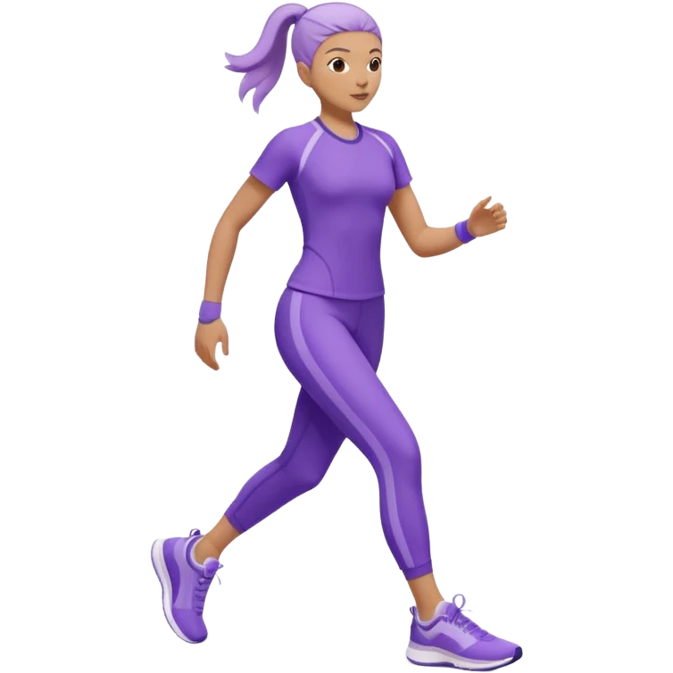 Modern premium 3D emoji icon: faceless gender-neutral person walking (mid-step) in sporty activewear, smooth rounded shapes, matte + subtle gloss, top-left studio light, soft shadow, faint motion trail. Purple outfit with lavender accent (no navy). Centered, transparent background, no text emoji