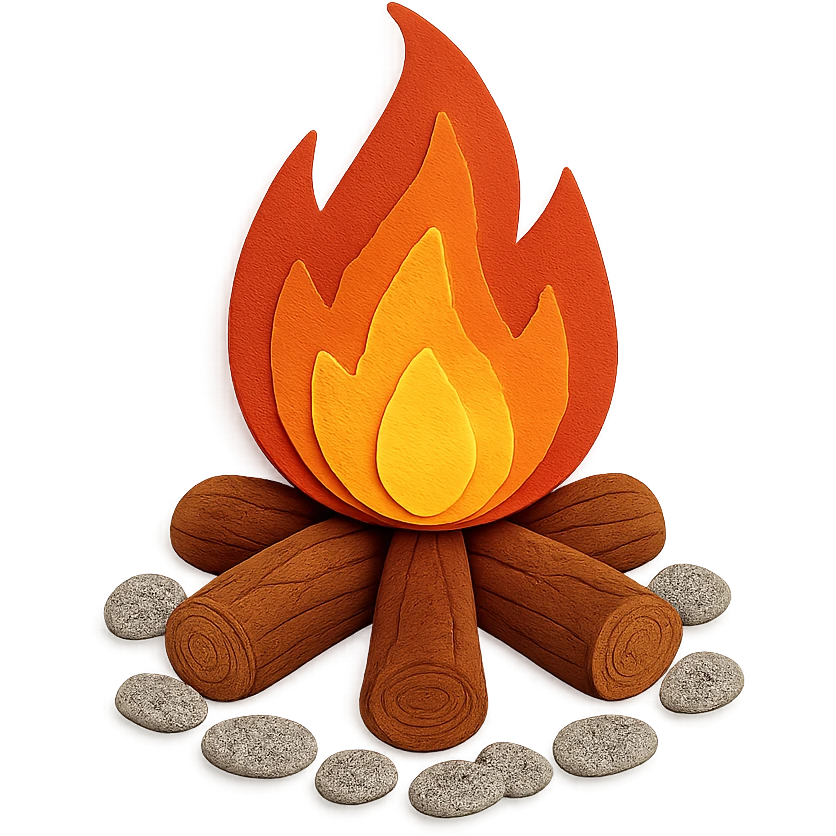very detailed campfire, intricate cut paper textures, glowing flames, logs arranged in a circle, surrounded by small stones emoji