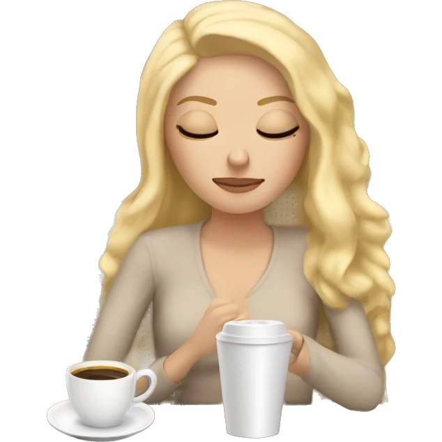 White Girl with blonde hair sipping coffee with eyes closed and beige blanket around head laying down on couch  emoji