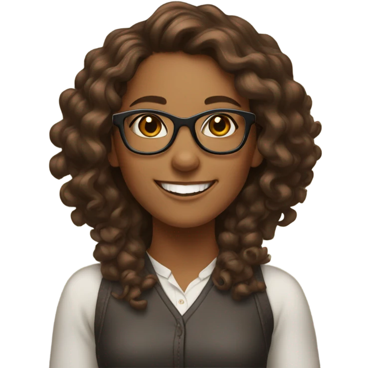 Brown girl with brown long curly hair with glasses and make her happy emoji
