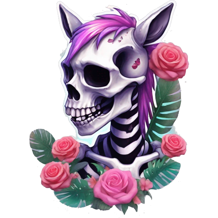 Skeleton zombie Zebra sparkling nebula zebra unicorn skeleton scars scarred broken cracked Pegasus collage roses flowers palm trees tropical  emoji