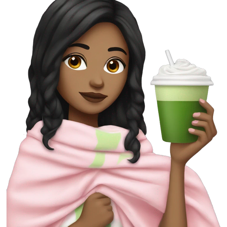 White girl with black hair holding matcha latte with pink blanket emoji
