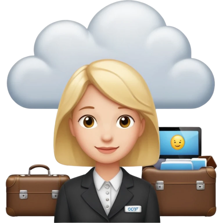 A thinking person with a thought cloud showing a modern hotel reception — front desk, receptionist, suitcases, cozy lighting. Cute emoji style, soft and clean.
 emoji