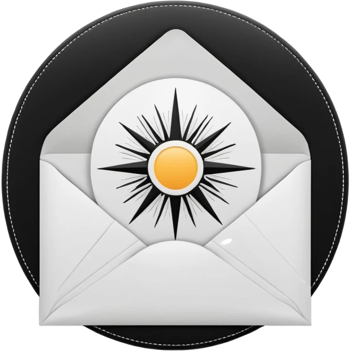Open envelope, centered, black interior with a bright circular core and radial engraved sunburst rays, pure black ink on pure white, stipple/crosshatch only, razor sharp --style raw --ar 1:1 --no gradient, gray, 3d, glossy, text emoji