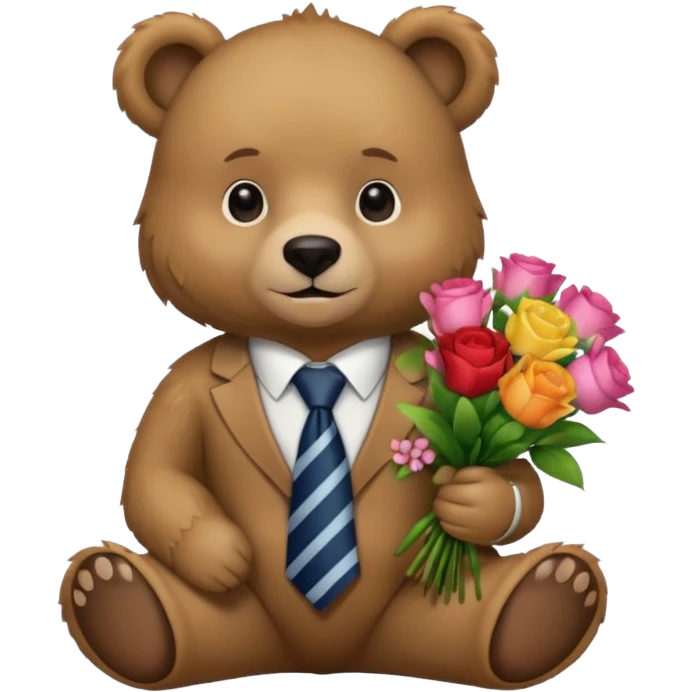 A bear sitting down wear a tie and holding a 💐 emoji