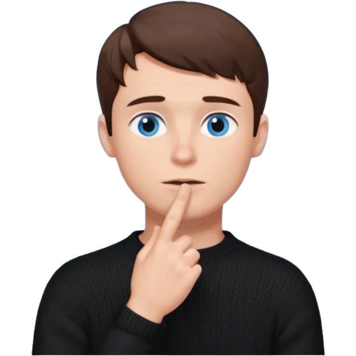 man in black knitted sweater in thinking pose, blue eyes brown hair, index finger touching his chin, eyes looking up to the top right emoji