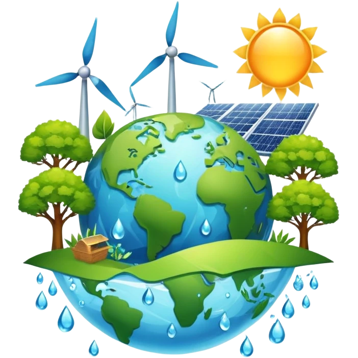An icon featuring a green Earth, a tree, recycling symbols, and renewable energy sources like wind turbines, solar panels, and hydropower. The design includes animals, water droplets, and the sun, representing ecology, sustainable energy, and environmental protection. Transparent background. emoji