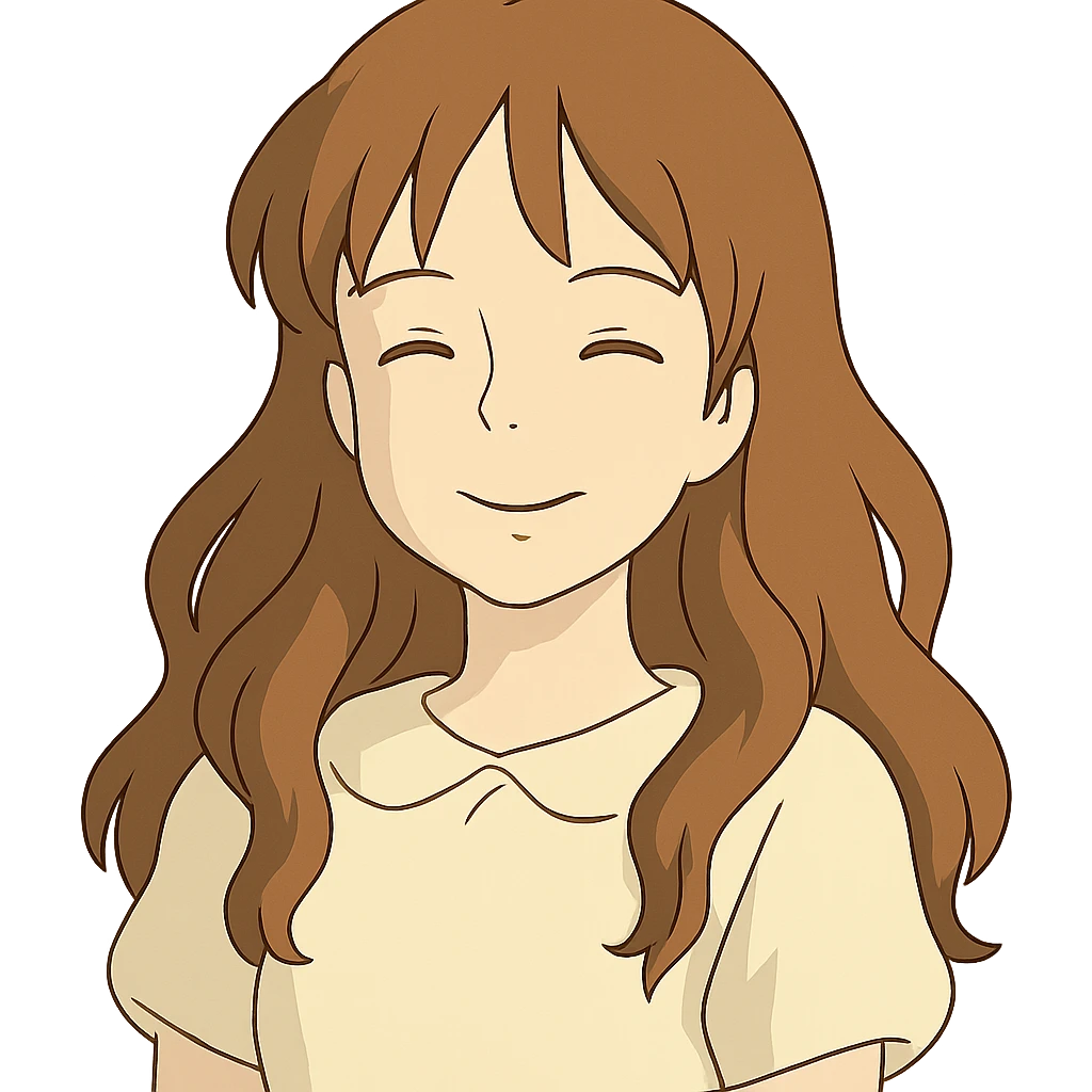 smiling girl with long, wavy hair and white skin, ghibli style emoji