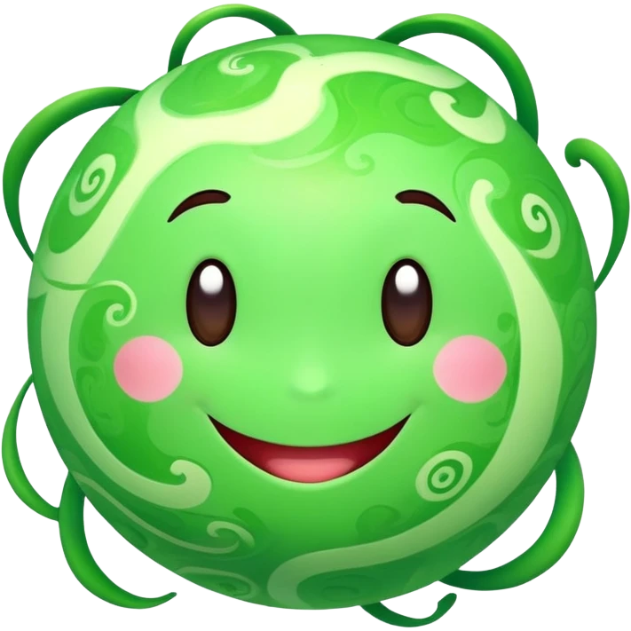 bright green planet with swirls and a cute happy smiling face with rosy cheeks emoji
