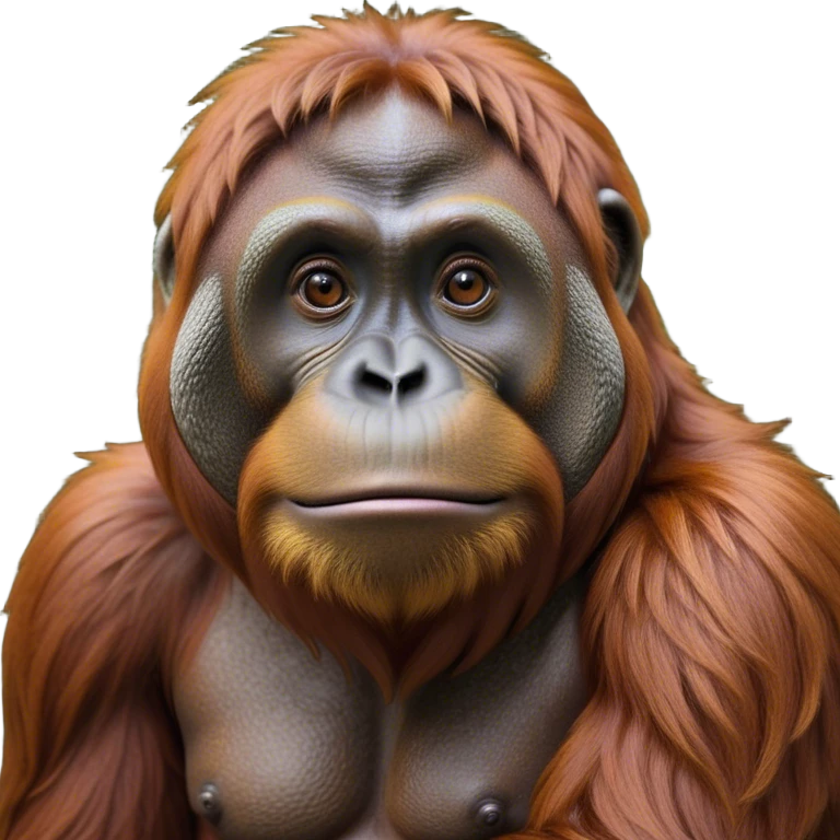 Cinematic Noble Orangutan Portrait Emoji, Poised and regal, with a robust, thoughtful build and deep, soulful eyes framed by rich, textured fur, Simplified yet sharp and sophisticated features, highly detailed, glowing with a soft, earthy glow, high shine, intelligent and contemplative, stylized with an air of ancient wisdom, focused and commanding, soft glowing outline, capturing the essence of a watchful and confident guardian that appears ready to step out of the screen with timeless authority! emoji