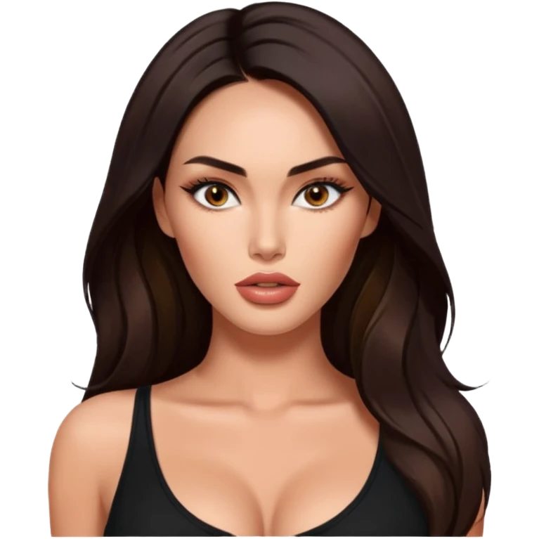 Megan fox, fashion model Beautiful woman model adult   large breasts  with monolid narrow dark brown eyes tan  skin, full lips  long hair model with black top   emoji