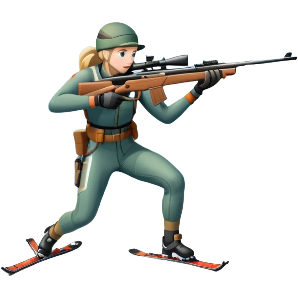 An icon showing a snowy landscape with pine trees, mountains, and a clear sky with a biathlete aiming a rifle in the foreground, wearing winter gear and skis. Transparent background emphasizes the precision, endurance, and beauty of this winter sport. emoji
