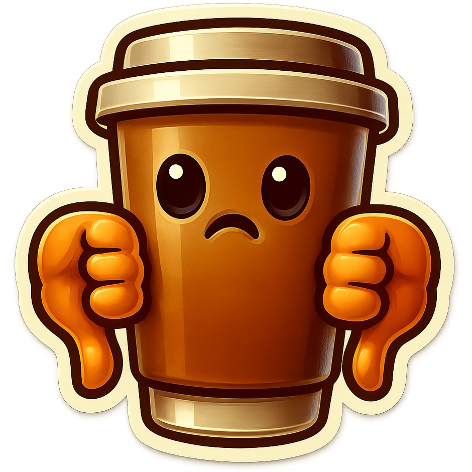 Tall coffee cup, no mouth, big thumbs doen emoji
