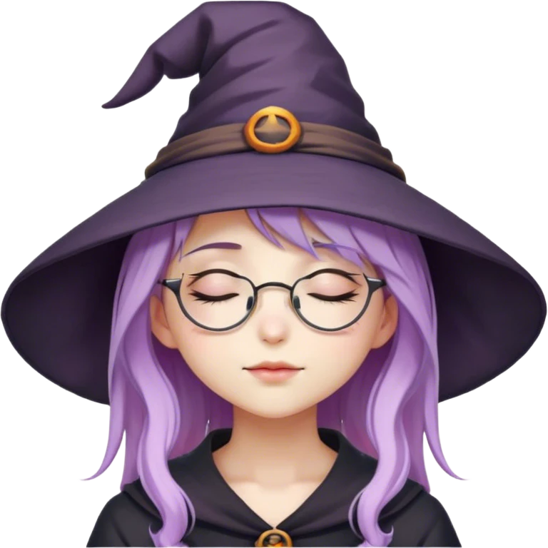 cute anime girl with closed eyes with lilac hair in witch hat and glasses emoji