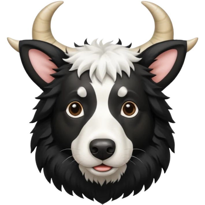 A black and white border collie has a cow's horns. emoji