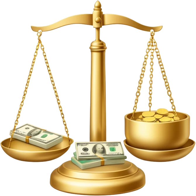 gold scale with dollars on one side and beauty products on the other emoji