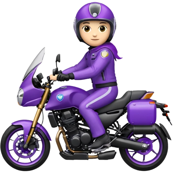 Créer un emoji avec une moto mt07 sport noir mate / violet iridescent très foncé, pare-brise de la moto violet. Avec une pilote dessus, visage complet caché  par la visière violette . Avec en arrière plan cercle violet. emoji