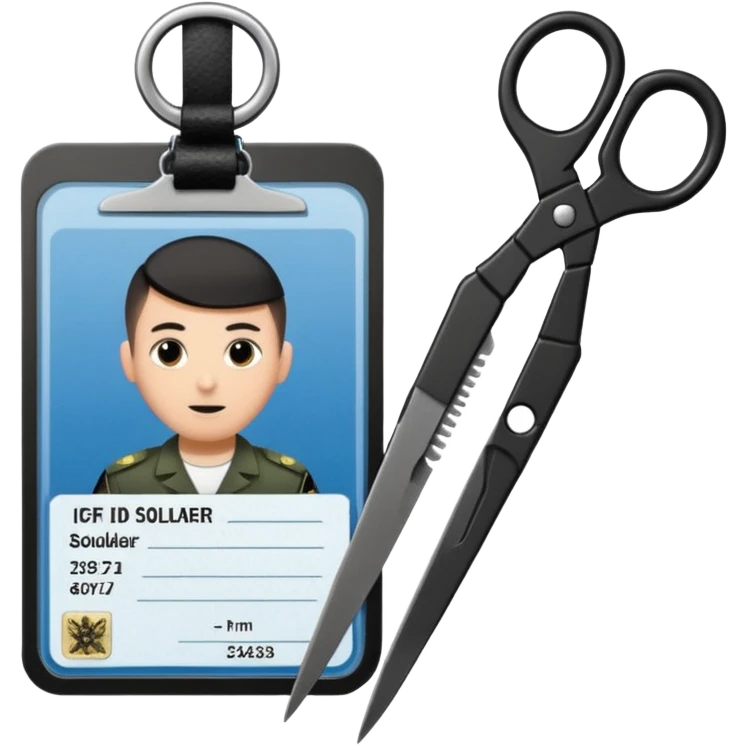 Floating black Scissors cutting an idf soldier ID card in 2 parts .hyper realistic emoji