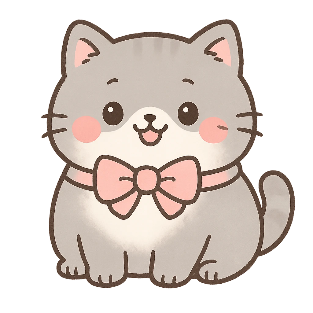 cute chubby cat with a bow, soft gray fur, happy face, kawaii style emoji