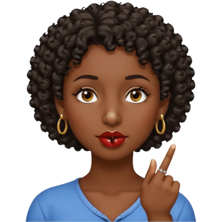 faça uma mulher com o cabelo curtinho cacheado com piercing no nariz e brincos e o dedo indicador no canto da boca morena, faça igual a segunda foto só que com o dedo na  boca mesmo  emoji