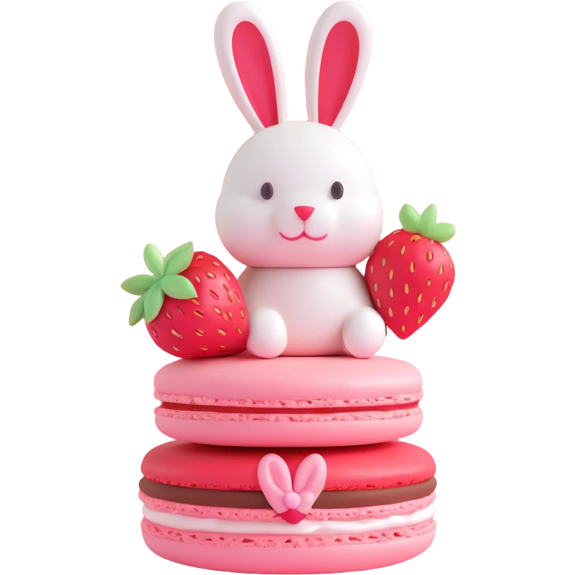 3D ios style macaron with strawberry and a bunny on top, pink color emoji