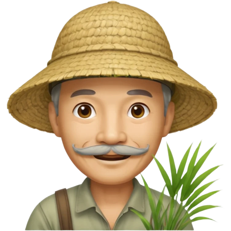 chinese man wearing rice paddy hat with mustache that looks old emoji