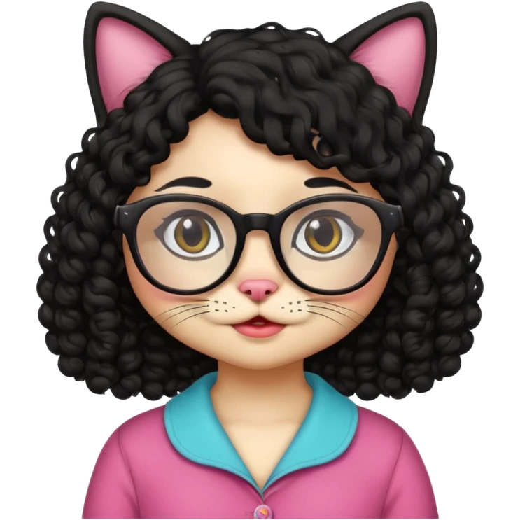 a girly cute cat with glasses and black curly hair emoji