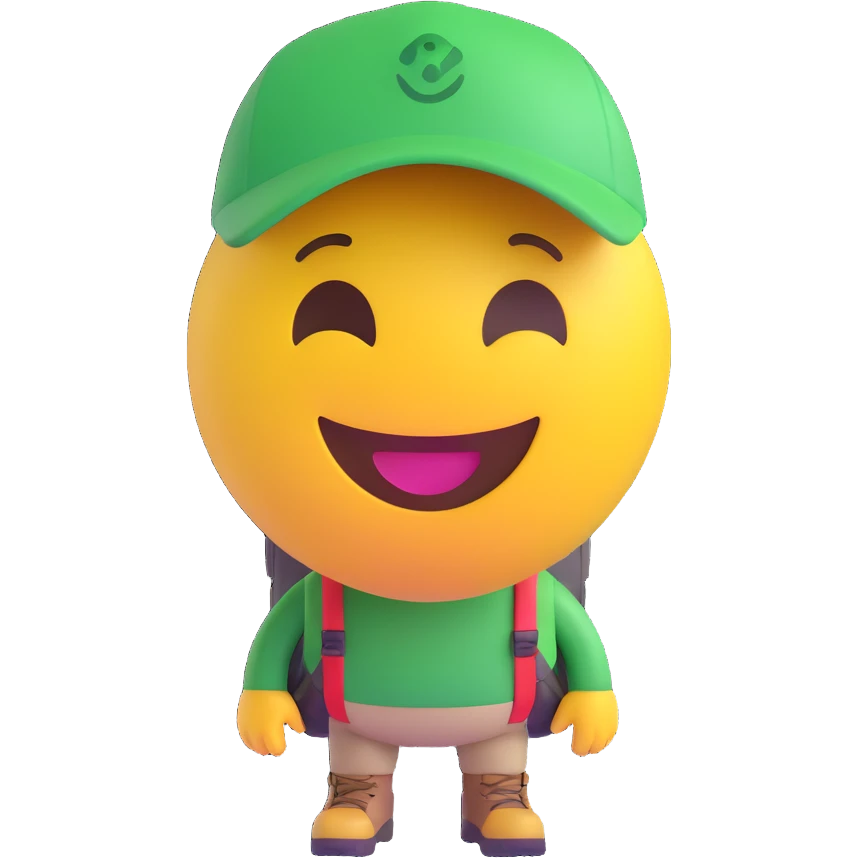 3D smiley emoji, round shape, grandparents on a hike, yellow and green color, smiling face emoji