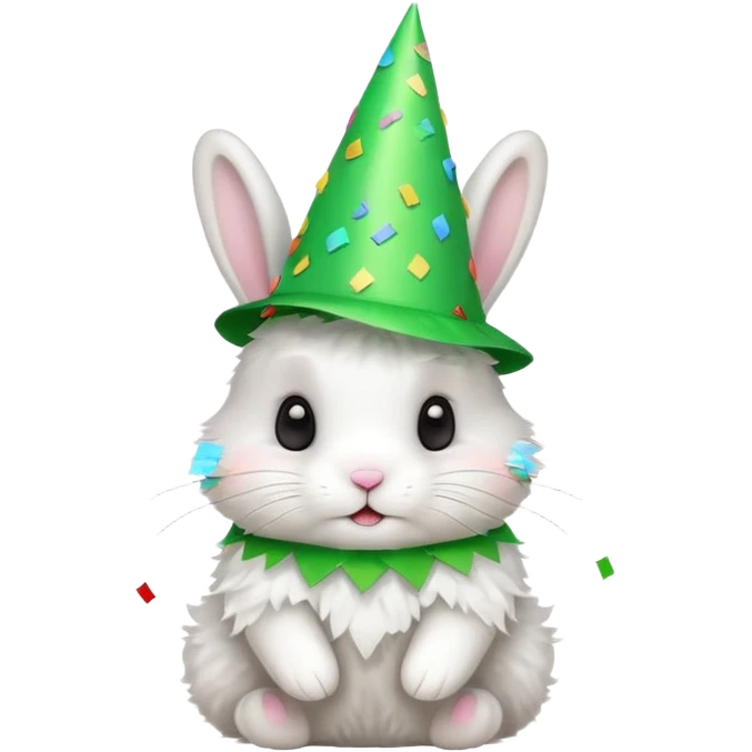 Rabbit in Green Party Hat – white bunny with cone party hat and confetti. emoji
