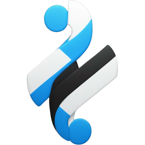 A black oval with a bold white "T" symbol in the center, featuring a vertical line that splits into two curved arms at the top, and two inward-curving blue shapes below the arms. Minimalistic and clean design. emoji