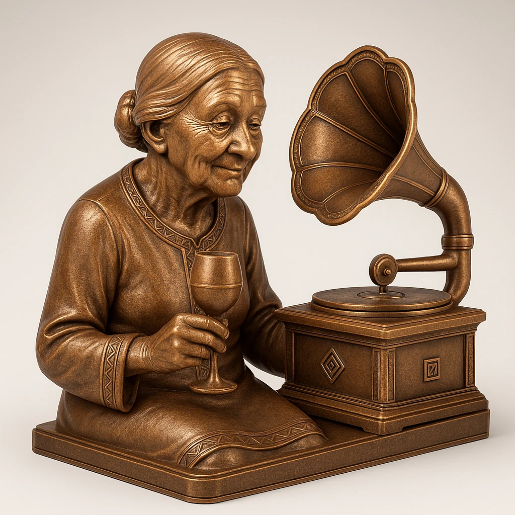 old lady with wineglass listening to gramophone emoji