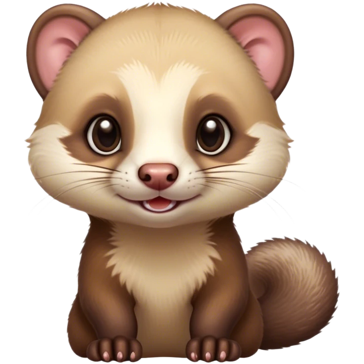 Cinematic Cute sable ferret Portrait Emoji, Head tilted playfully, with an elongated, flexible body and a characteristically curious expression, featuring a short, pointed snout, bright, sparkling eyes, and soft fur in warm brown and cream tones, Simplified yet irresistibly adorable features, highly detailed, glowing with a warm, friendly glow, high shine, affectionate and lively, stylized with a touch of whimsical mischief, soft glowing outline, capturing the essence of a fun-loving and mischievous sable ferret that feels like it could scamper straight into your heart! emoji