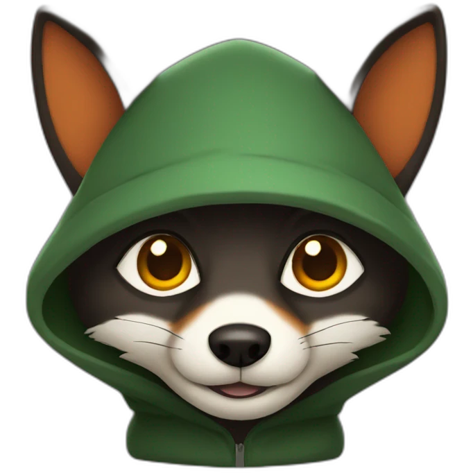 small dark brown fox with orange eyes and a dark green hood that smile emoji