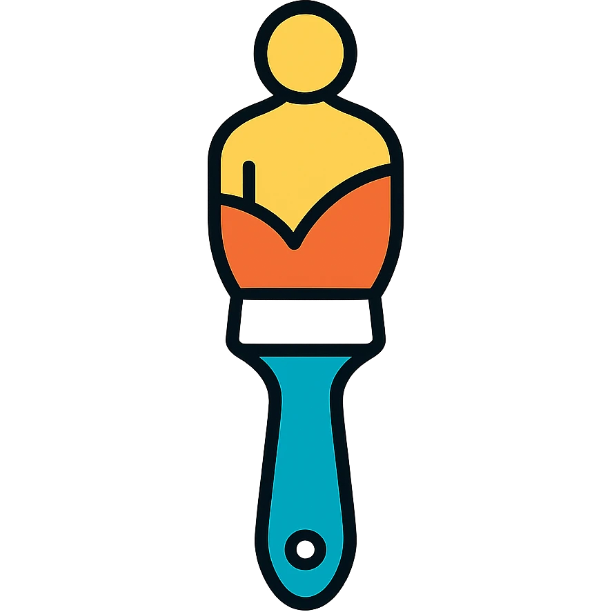 A paintbrush transforming into a metallic human figure silhouette, artistic identity symbol emoji