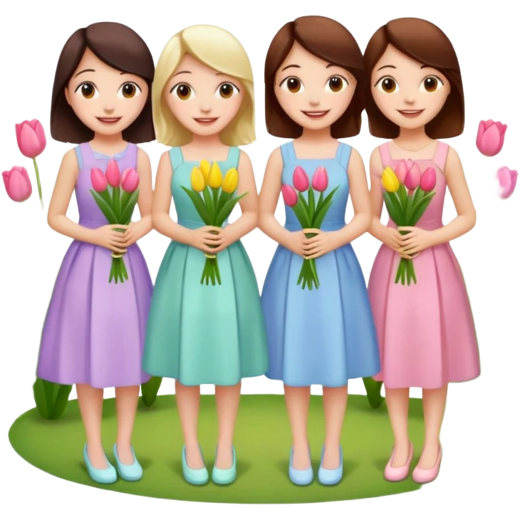 5 girls at a garden party wearing pastel dresses and holding tulips emoji