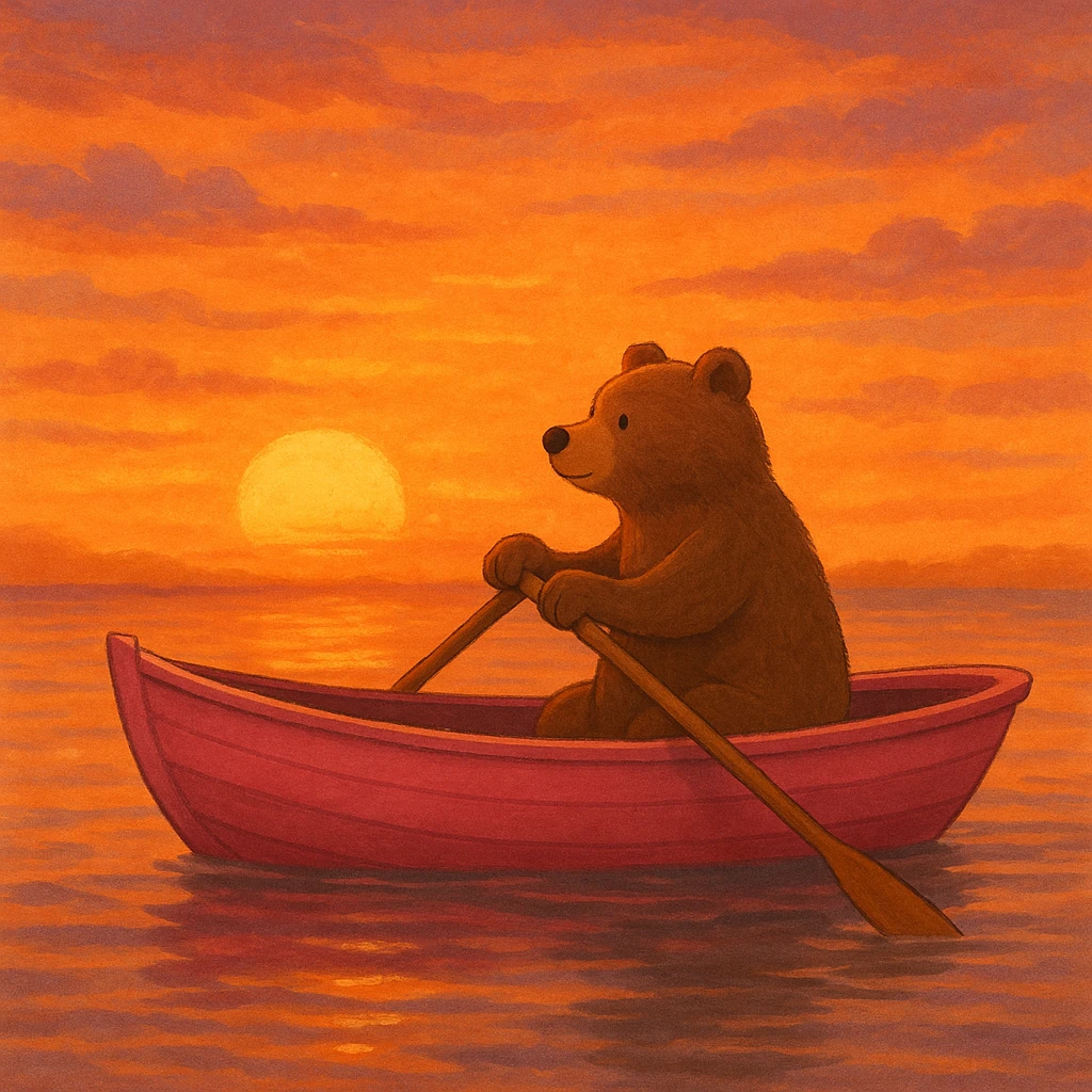 pink rowing boat with a bear rowing, sunset background emoji