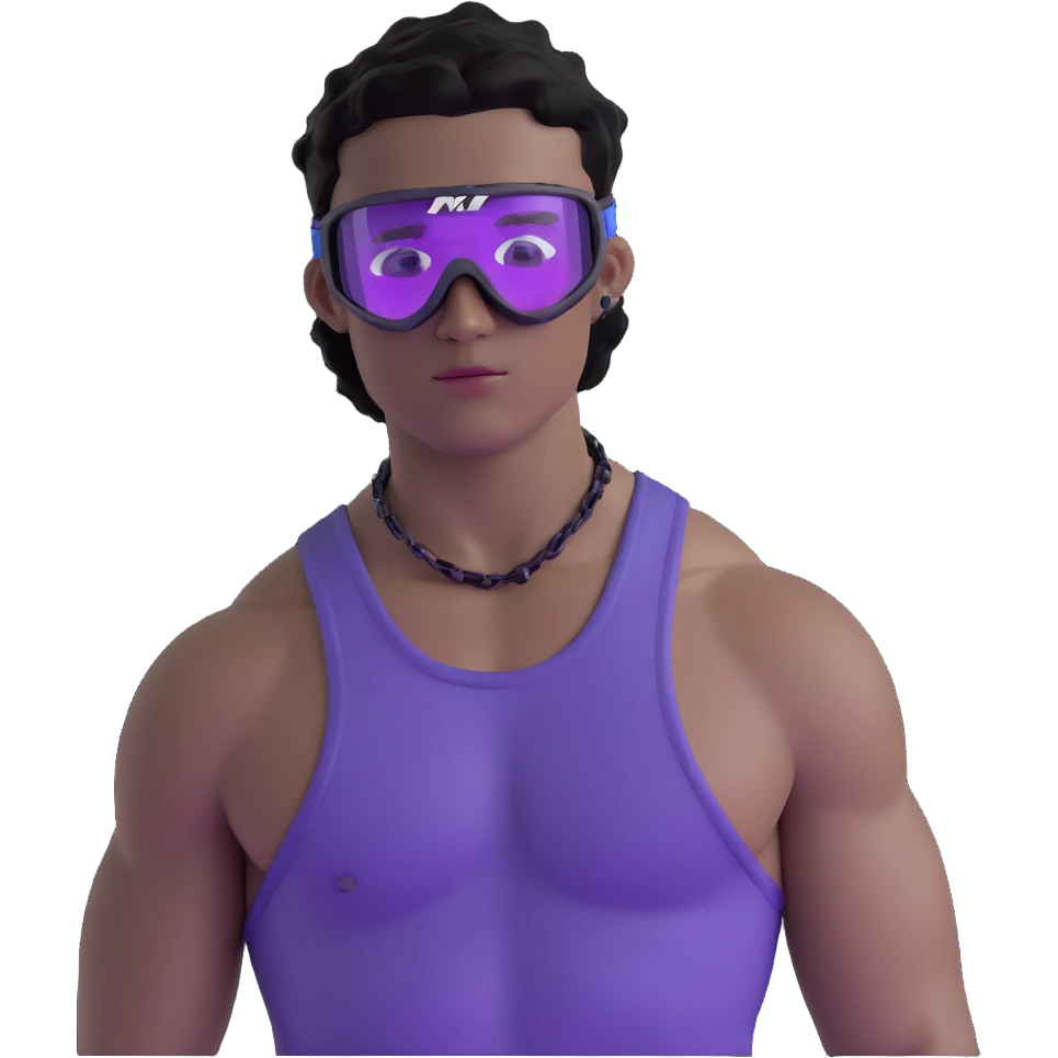 shirtless male athlete with white skin and moderately curly black hair on top with shaved sides, wearing ski goggles with purple frames/outline and very dark heavily tinted black lenses that completely hide the eyes, and a simple plain black chain necklace, no earrings emoji