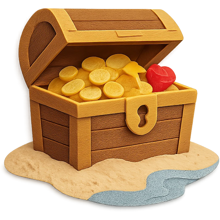 illustration of a treasure chest overflowing with gold coins and jewels on a sandy beach, paper-craft style emoji