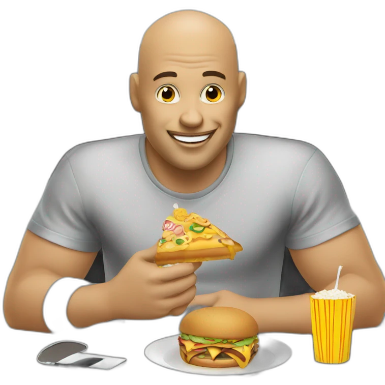 bald man eats junk food while sitting at the computer and is very happy emoji