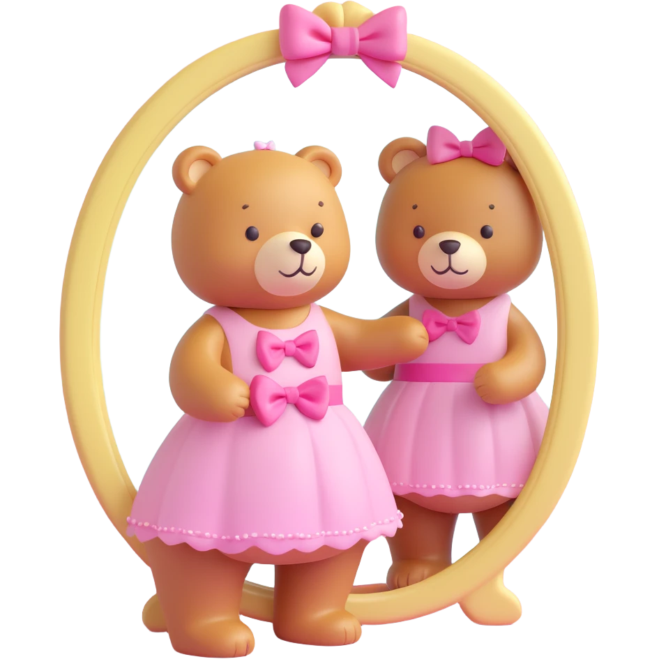 3D iOS-style bear with a pink bow and dress, looking at its reflection in a decorative mirror, pastel background, soft and rounded features emoji