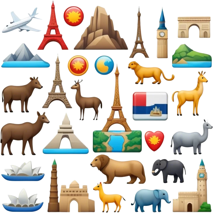 Icon for Magnet Collecting: a variety of colorful magnets with iconic landmarks, animals, and symbols from different countries, neatly arranged on a magnetic board or fridge. The icon should convey the fun and diversity of magnet collecting. Transparent background. emoji