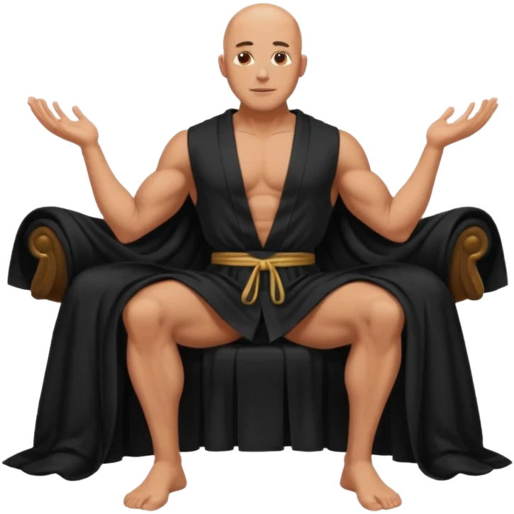 fullbody jacked bald guy, sleeveless and unbuttoned in full black robe sitting emoji
