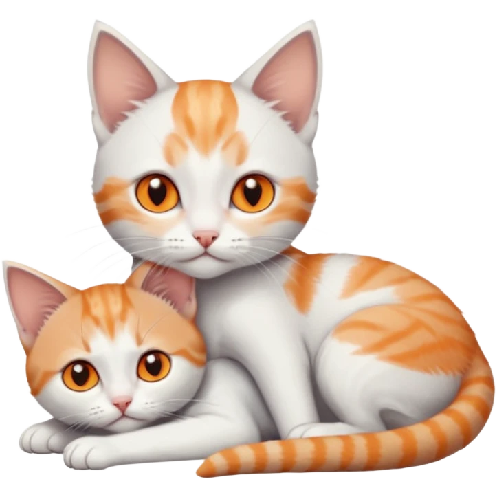 full body of very small + skinny ginger and white kitten with deep orange eyes and triangular shaped face lying down cuddling a grey and white kitten who is a bit bigger than him emoji